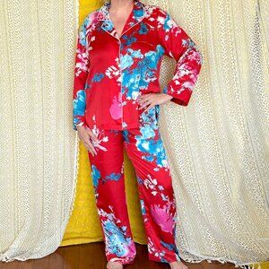 Natori Red & Blue Floral Fleur Dragon Pajama Set Size M
